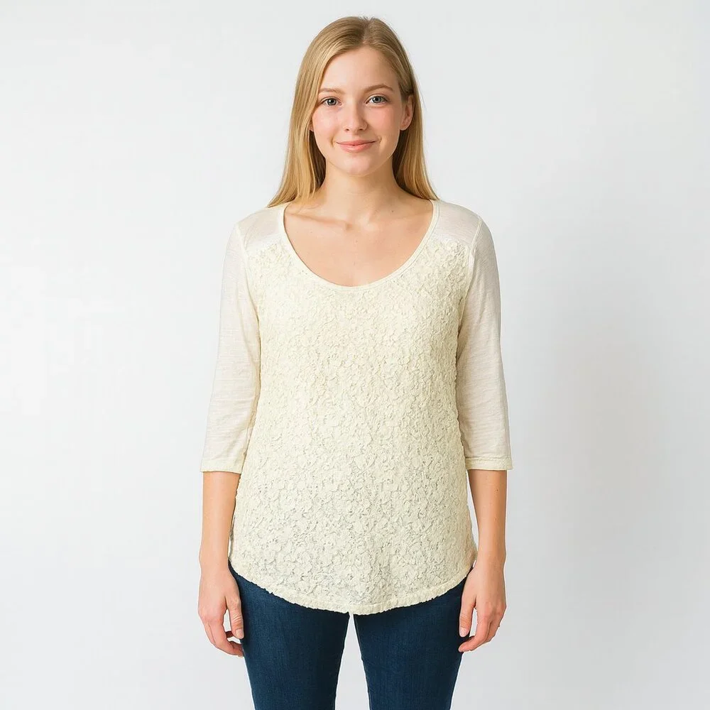 2/$30 Lucky Brand Lace Top 3/4 Sleeve Scoop Neck Butter Cream XL #A1392